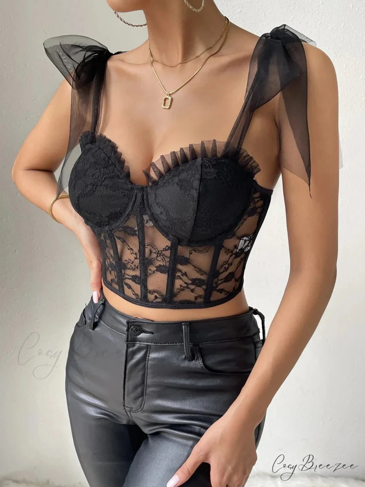 Sexy Mesh Lace Corset Camisole See-through Top Black11011 / S croptop-250126