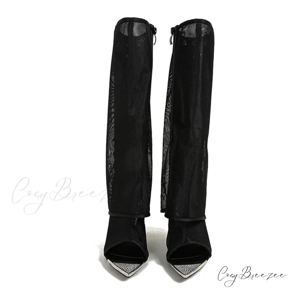Sexy Metal Pointed Toe Black Mesh Knee High Boots Sandals Women Zip Fashion Rhinestone High Heels Shoes Botas Mujer