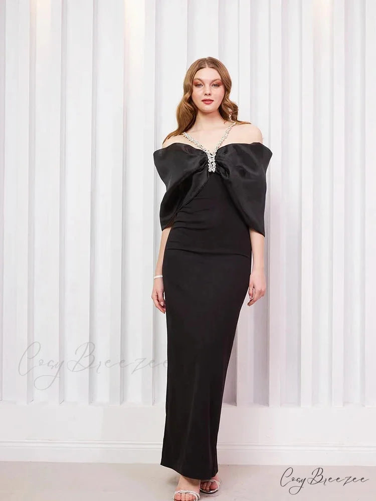 Sexy Off Shoulder Diamond Straps Bandage Black Pleated Shiny Celebrity Christmas Party Dress Black / XS