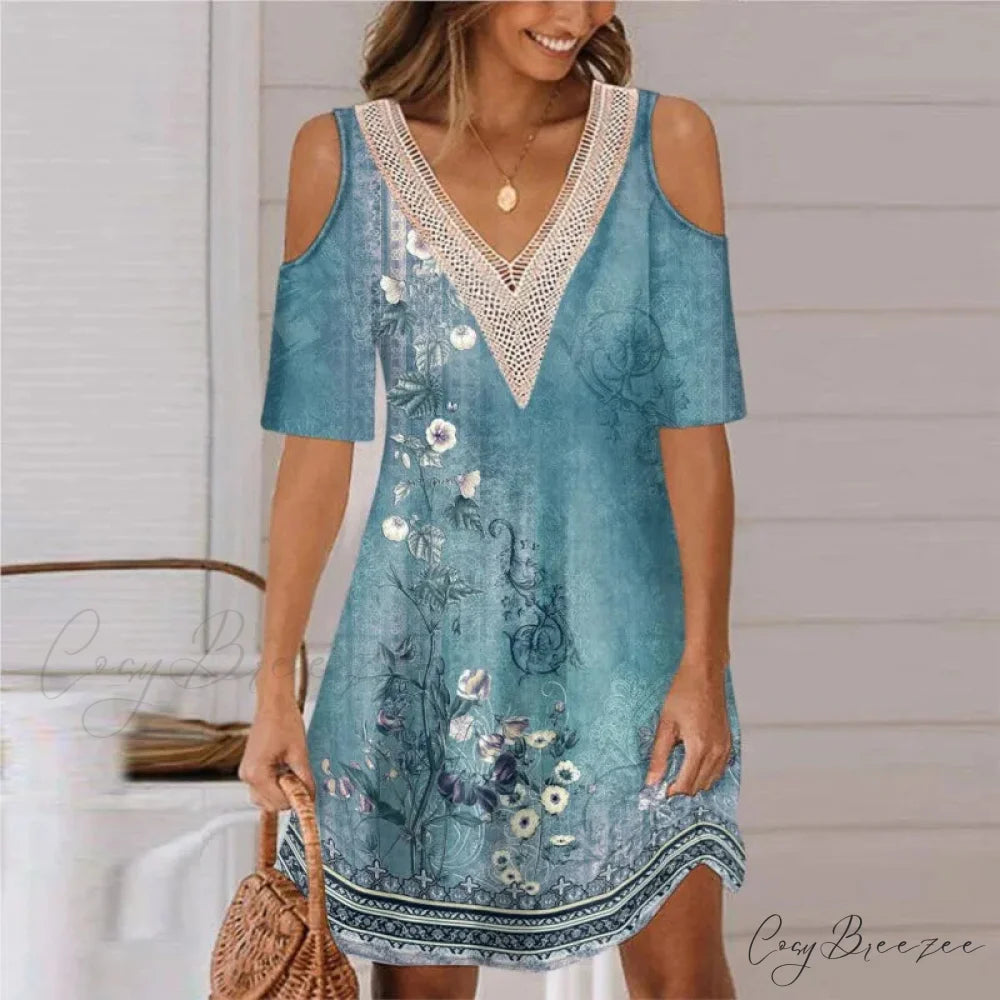 Sexy Off Shoulder Lace Splicing Party A-line Dress Blue / S oldfloraldress-250126