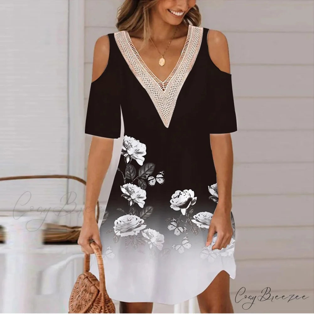Sexy Off Shoulder Lace Splicing Party A-line Dress GRAY / S oldfloraldress-250126