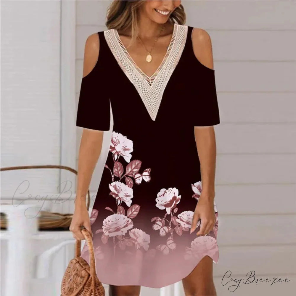 Sexy Off Shoulder Lace Splicing Party A-line Dress oldfloraldress-250126