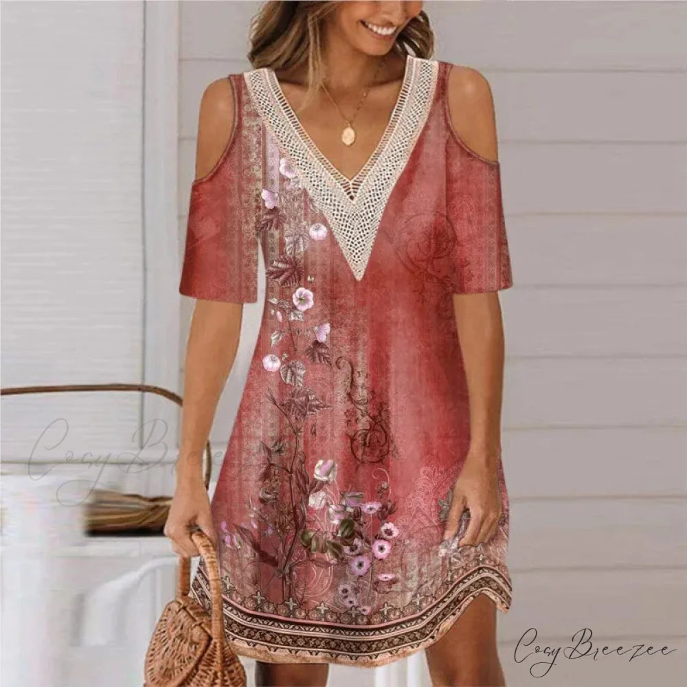 Sexy Off Shoulder Lace Splicing Party A-line Dress Red / S oldfloraldress-250126