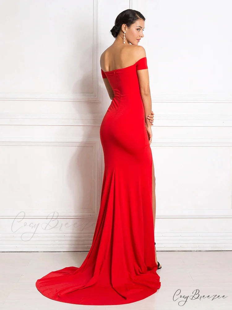 Sexy Off Shoulder Mermaid Bodycon Split Red Christmas Party Dress