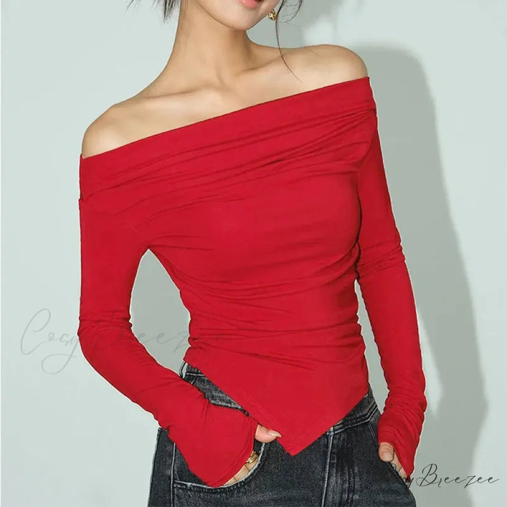 Sexy Off Shoulder Slim T-shirt Sweater Red / S swraters-241228