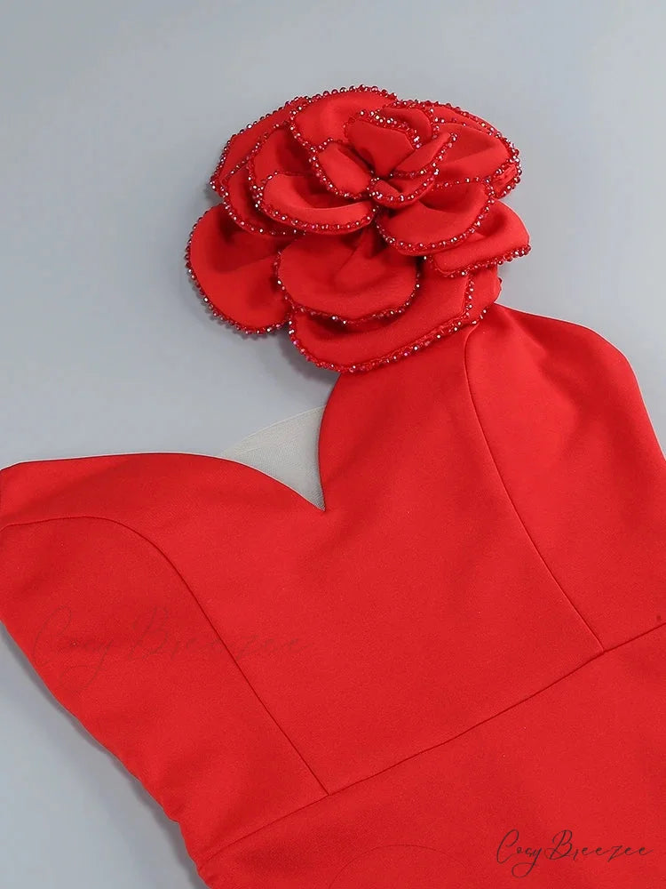 Sexy One Shoulder Diamonds Flower Patchwork Maxi Red Christmas Party Dress