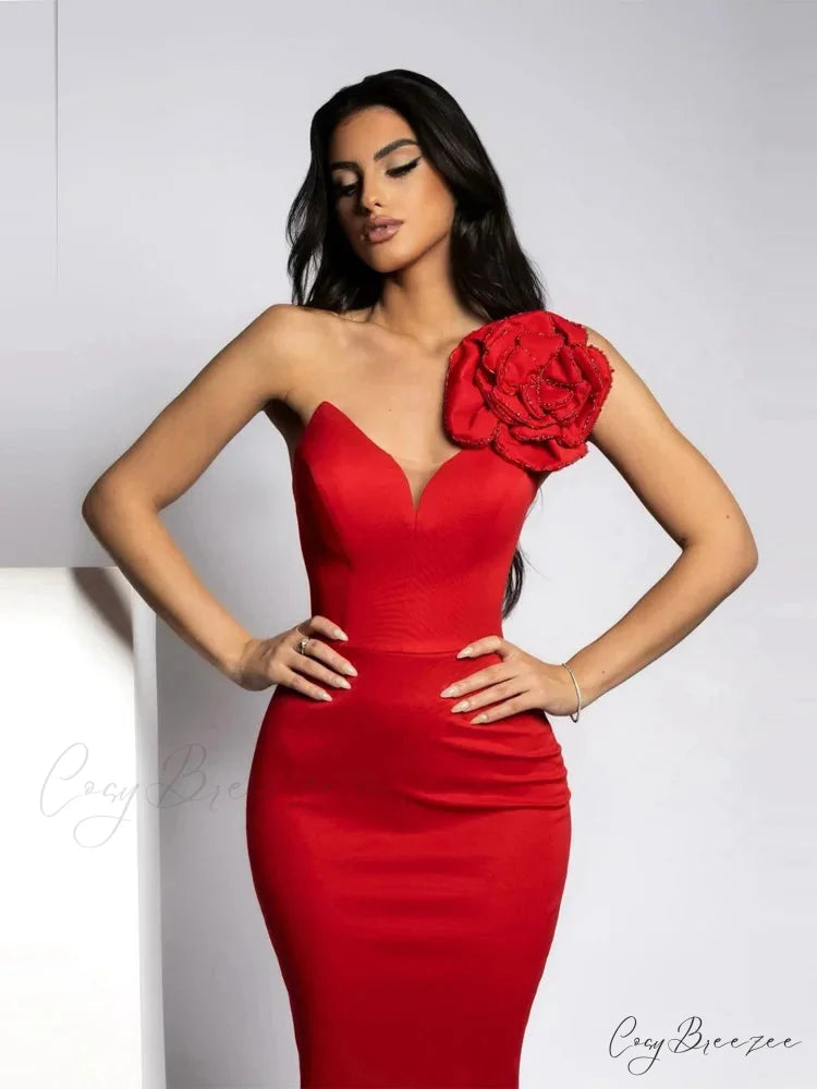Sexy One Shoulder Diamonds Flower Patchwork Maxi Red Christmas Party Dress