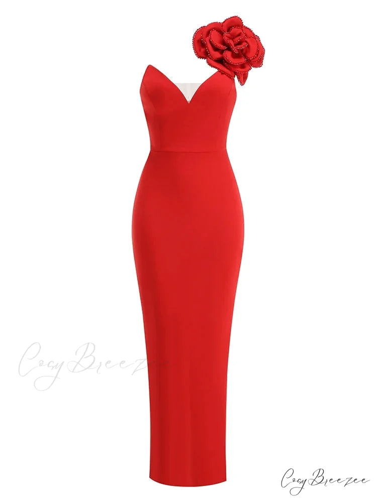 Sexy One Shoulder Diamonds Flower Patchwork Maxi Red Christmas Party Dress Red / XS