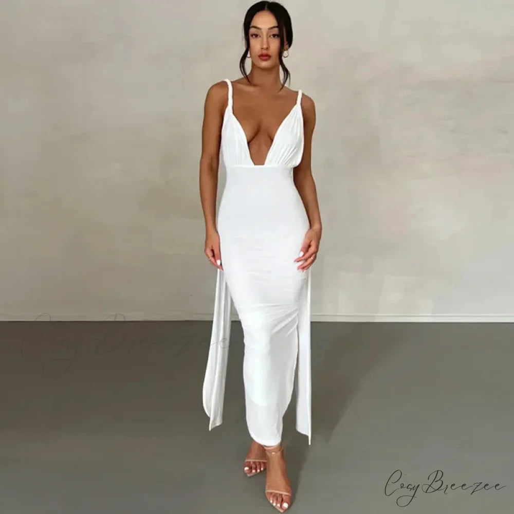 Sexy Plunge Deep V Neck Summer Club Party Sleeveless Ruched Slit Midi Dress WHITE / S