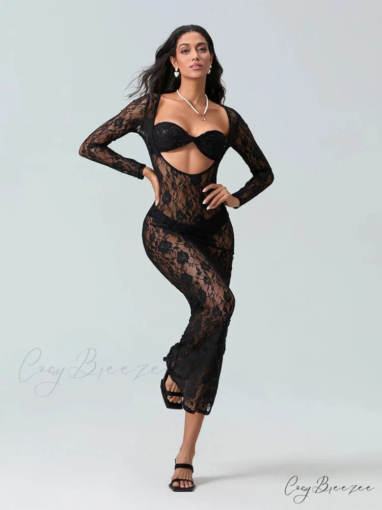 Sexy See-Through Lace Sheer Beach Floral Dress floraldress-250126