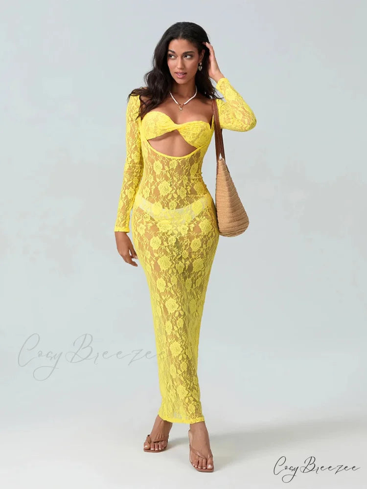 Sexy See-Through Lace Sheer Beach Floral Dress floraldress-250126
