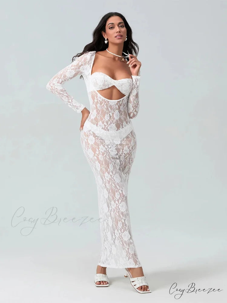 Sexy See-Through Lace Sheer Beach Floral Dress floraldress-250126