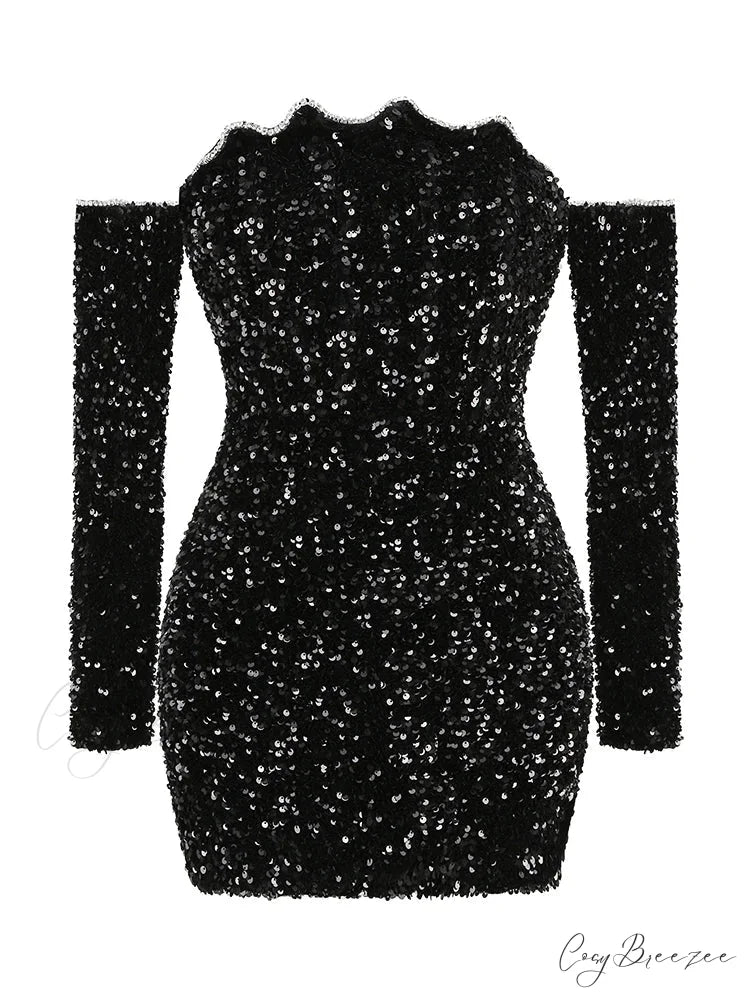 Sexy Slash Neck Long Sleeve Sparkling Sequins Dress Off Shoulder Christmas Party Dress Black / S