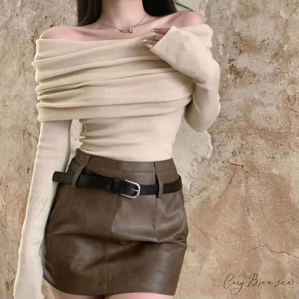 Sexy Slash Neck Pleated Knitted Sweater APRICOT / S swraters-241228