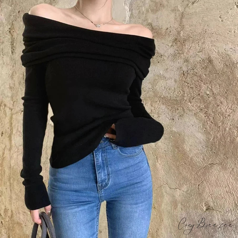 Sexy Slash Neck Pleated Knitted Sweater Black / S swraters-241228