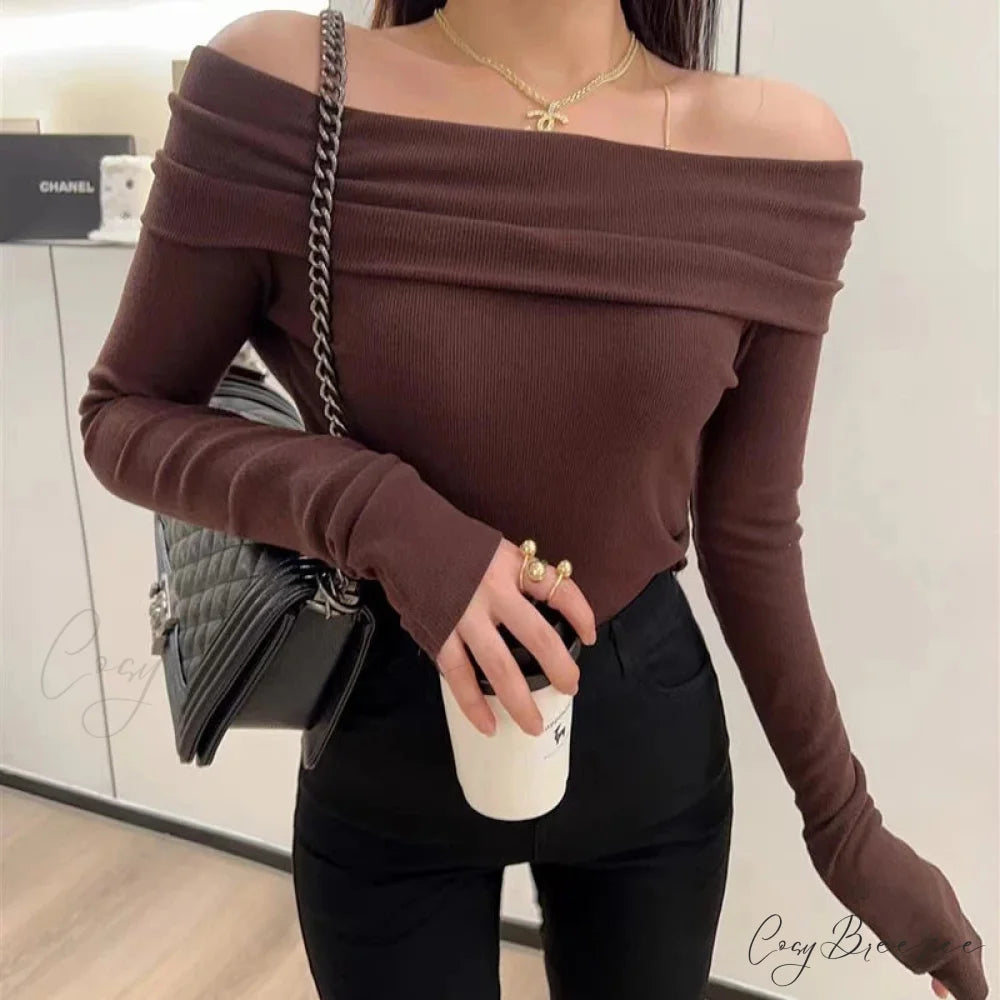 Sexy Slash Neck Pleated Knitted Sweater Coffee / S swraters-241228