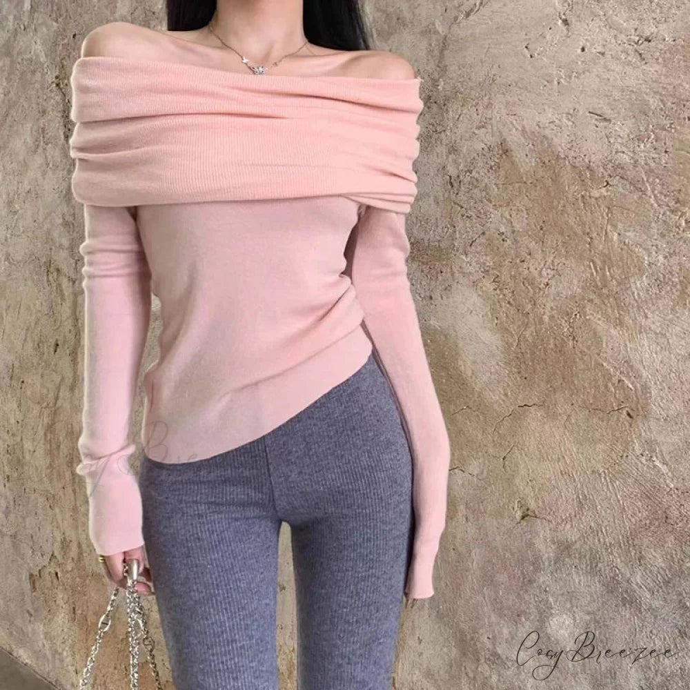 Sexy Slash Neck Pleated Knitted Sweater Pink / S swraters-241228
