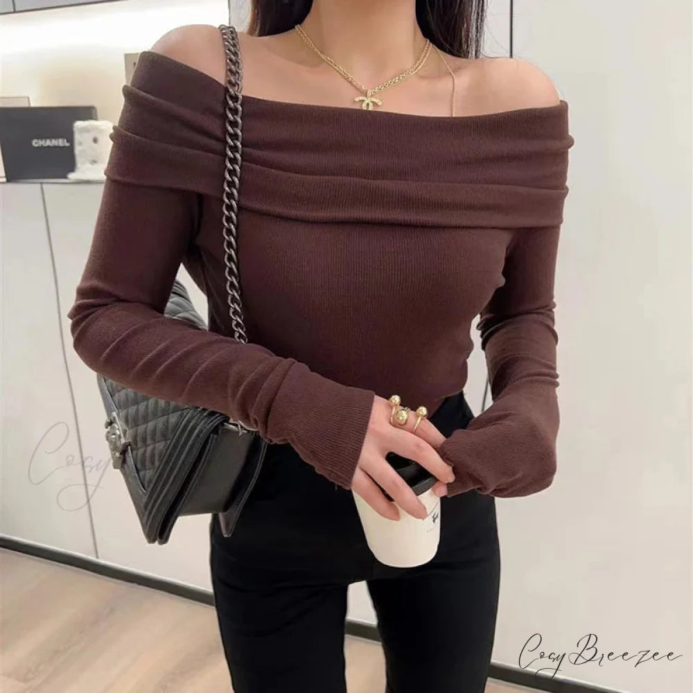 Sexy Slash Neck Pleated Knitted Sweater swraters-241228
