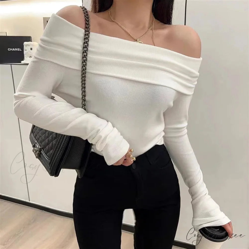 Sexy Slash Neck Pleated Knitted Sweater WHITE / S swraters-241228