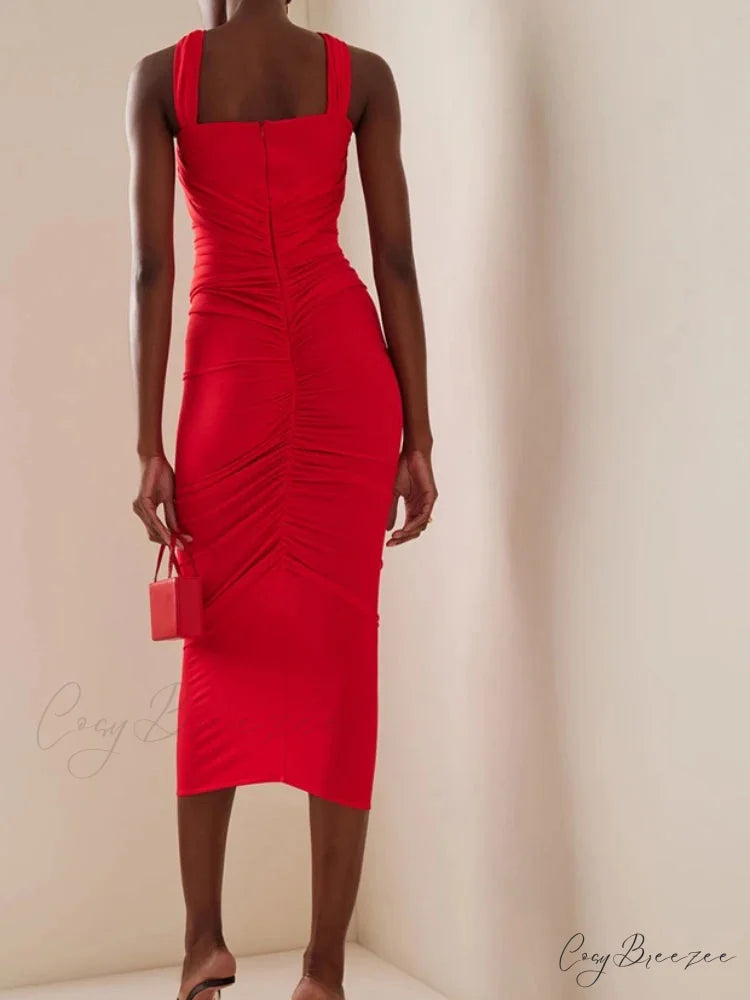 Sexy Sleeveless Flower Design Bodycon Midi Dress Cross Sling Cut Out Christmas Party Dress