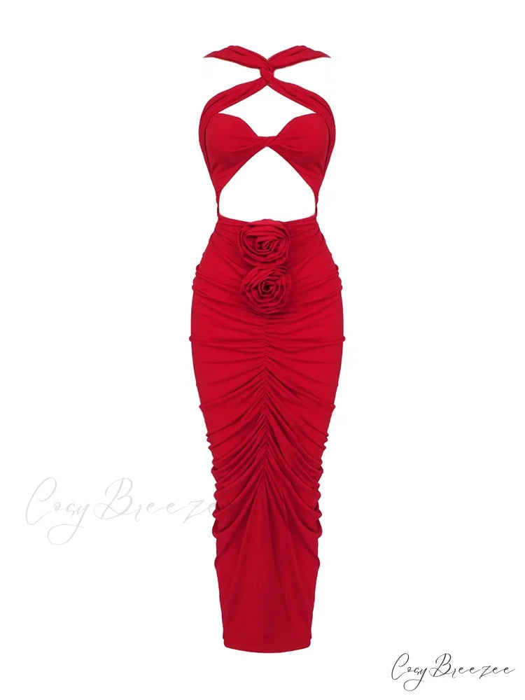 Sexy Sleeveless Flower Design Bodycon Midi Dress Cross Sling Cut Out Christmas Party Dress Red / S