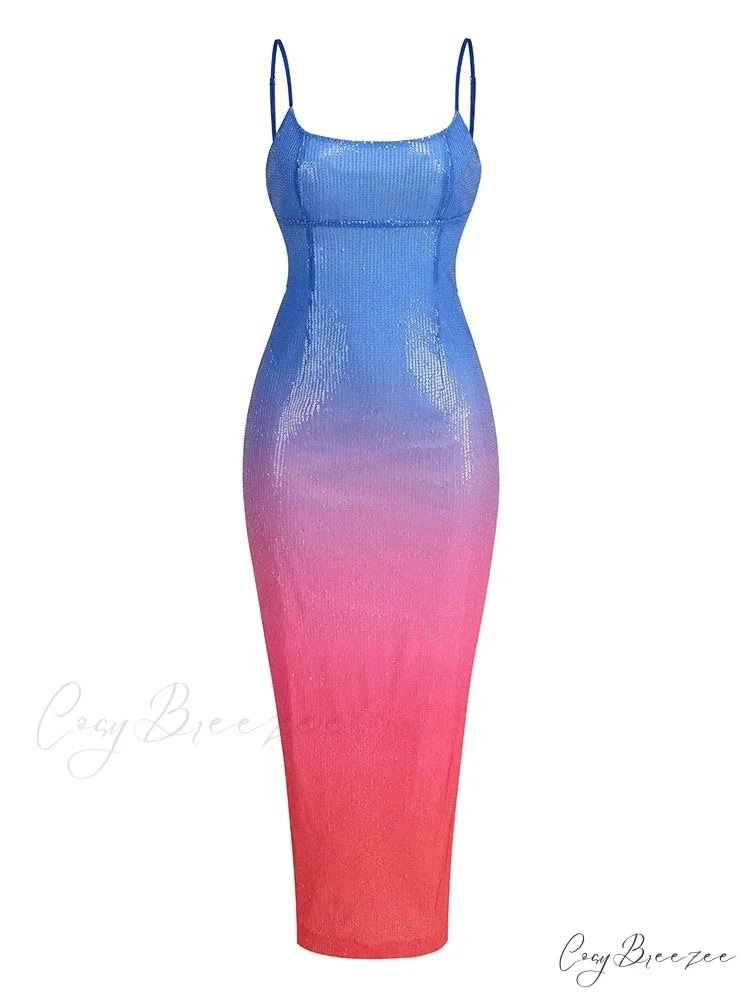 Sexy Spaghetti Strap Gradient Sequins Long Dress Sleeveless Colorful Christmas Party Dress BLUE PINK / S