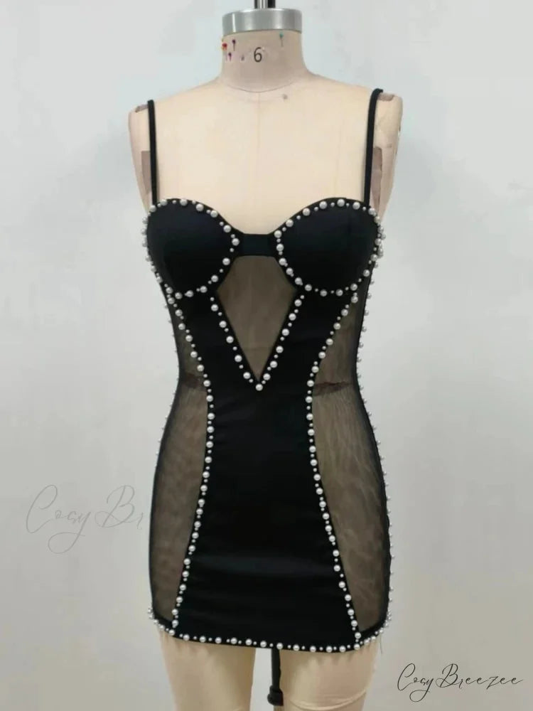 Sexy Spaghetti Strap Mesh Patchwork Pearl Mini Black Sleeveless Christmas Party Dress Black / XS