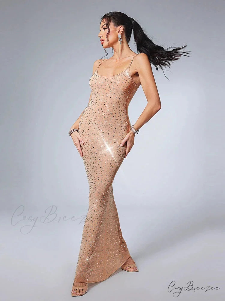 Sexy Spaghetti Strap Perspective Luxury Diamond Sleeveless See Through Christmas Party Dress gold / S