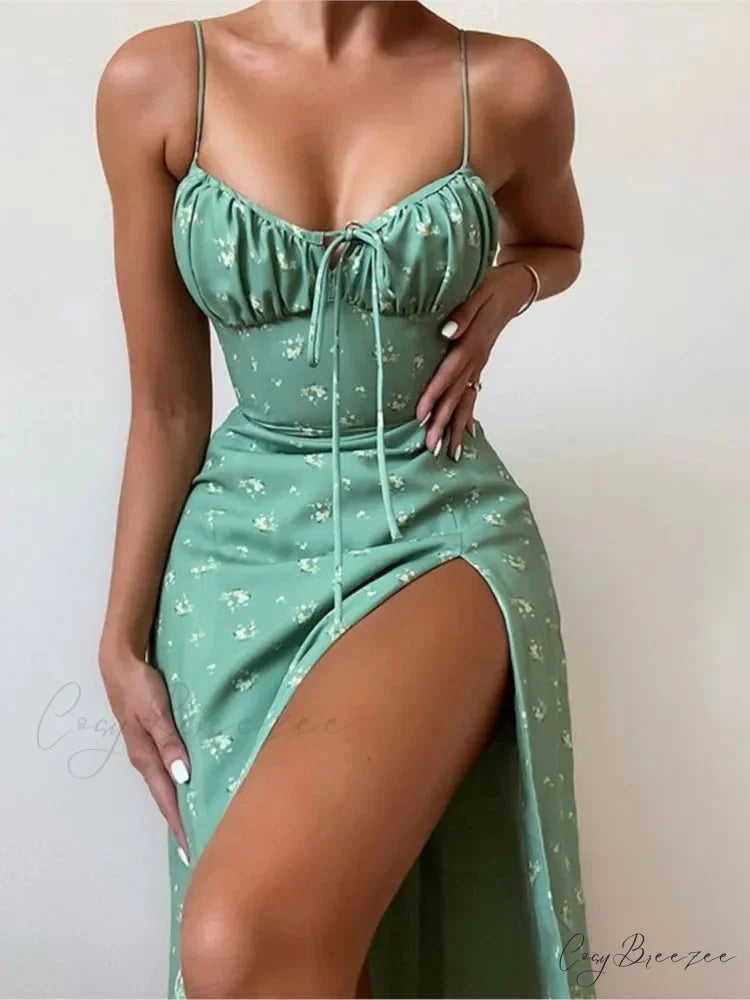 Sexy Spaghetti Strap Slit Floral Beach Party Dress floraldress-250126