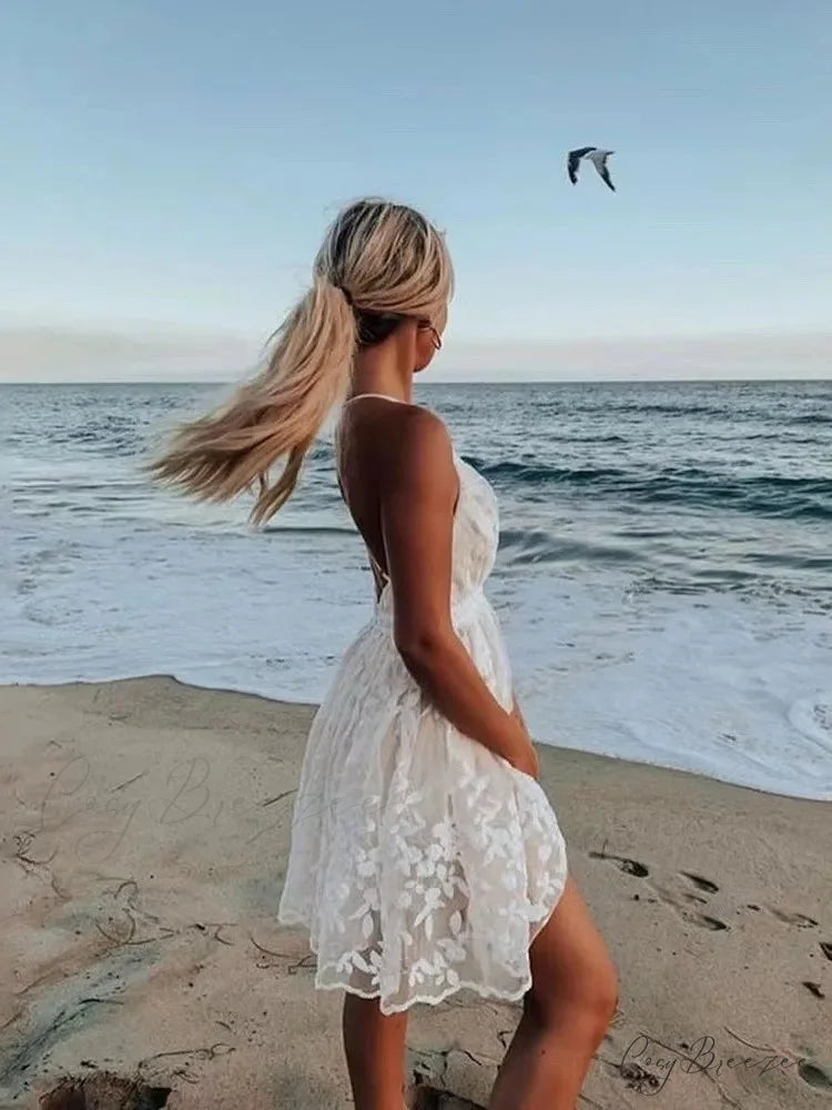 Sexy Spaghetti Strap White Embroidered Lace Dress floraldress-250126