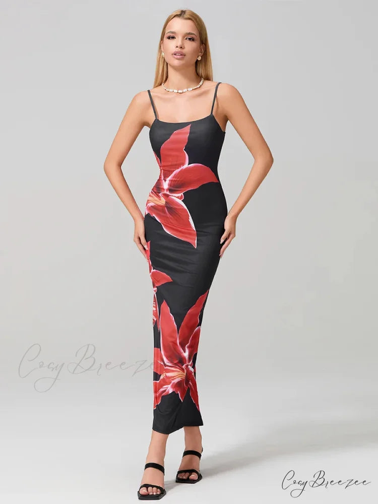 Sexy Spaghetti Straps Bodycon O-neck Wrap Cami Dress BLACK / S floraldress-250126