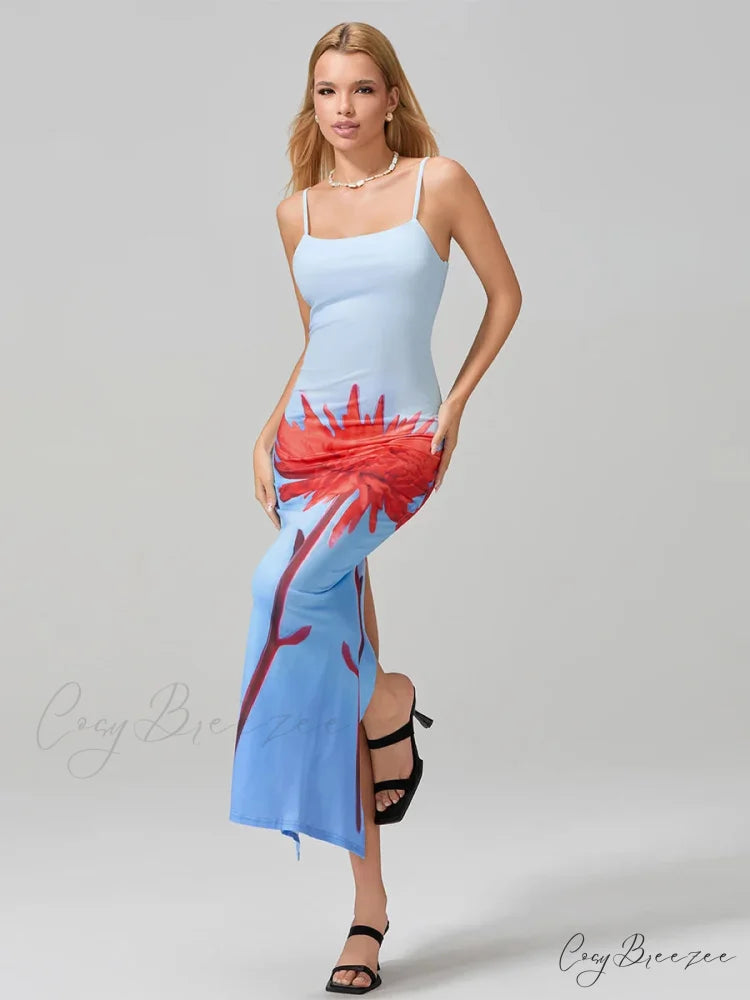 Sexy Spaghetti Straps Bodycon O-neck Wrap Cami Dress BLUE / S floraldress-250126