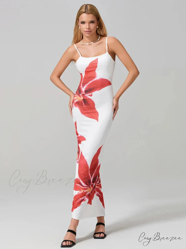 Sexy Spaghetti Straps Bodycon O-neck Wrap Cami Dress WHITE / S floraldress-250126