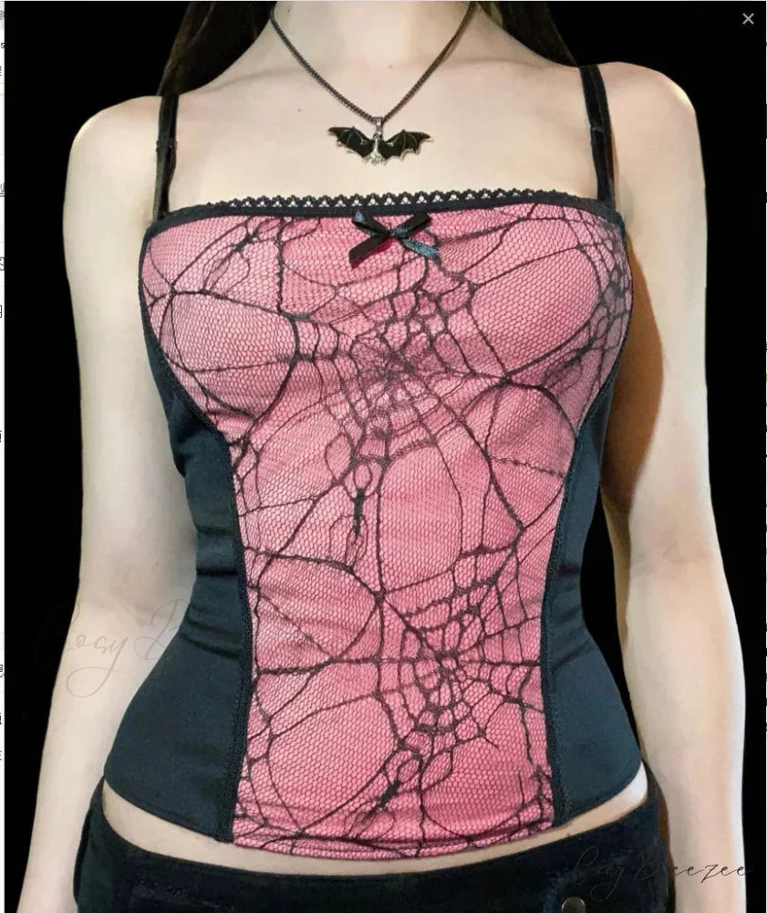 Sexy Spider Web Lace Patchwork Gothic Punk Sleeveless Square Collar Trendy Stylish Crop Top Pink / S