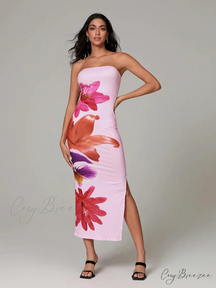 Sexy Strapless Backless Bodycon Dress Pink / S floraldress-250126