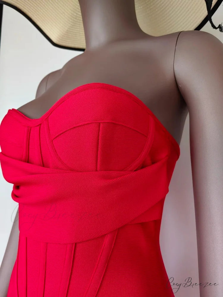 Sexy Strapless Backless Split Bustier Red Christmas Party Dress