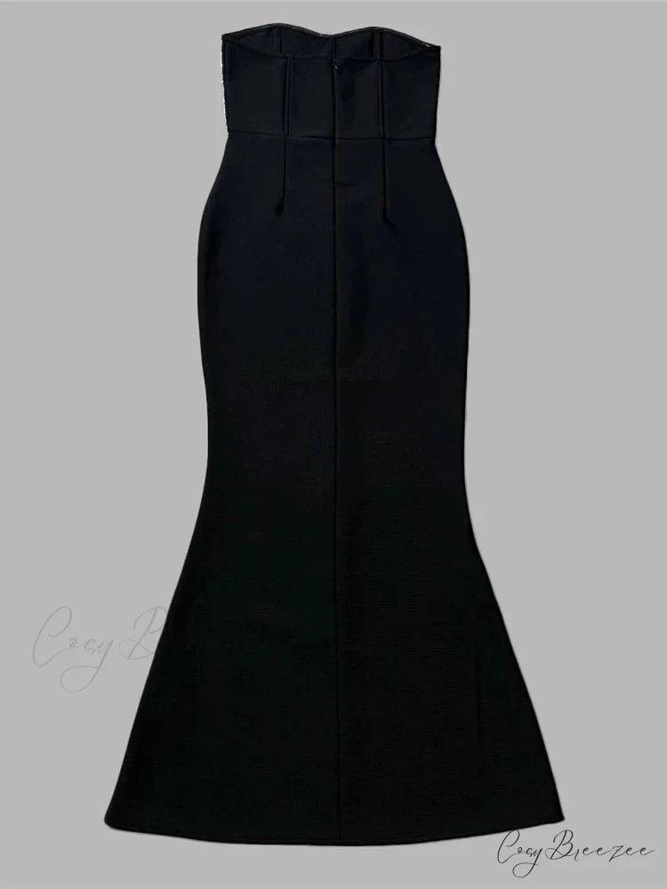 Sexy Strapless Diamonds Chain Bandage Long Black Sleeveless Backless Crystal Christmas Party Dress