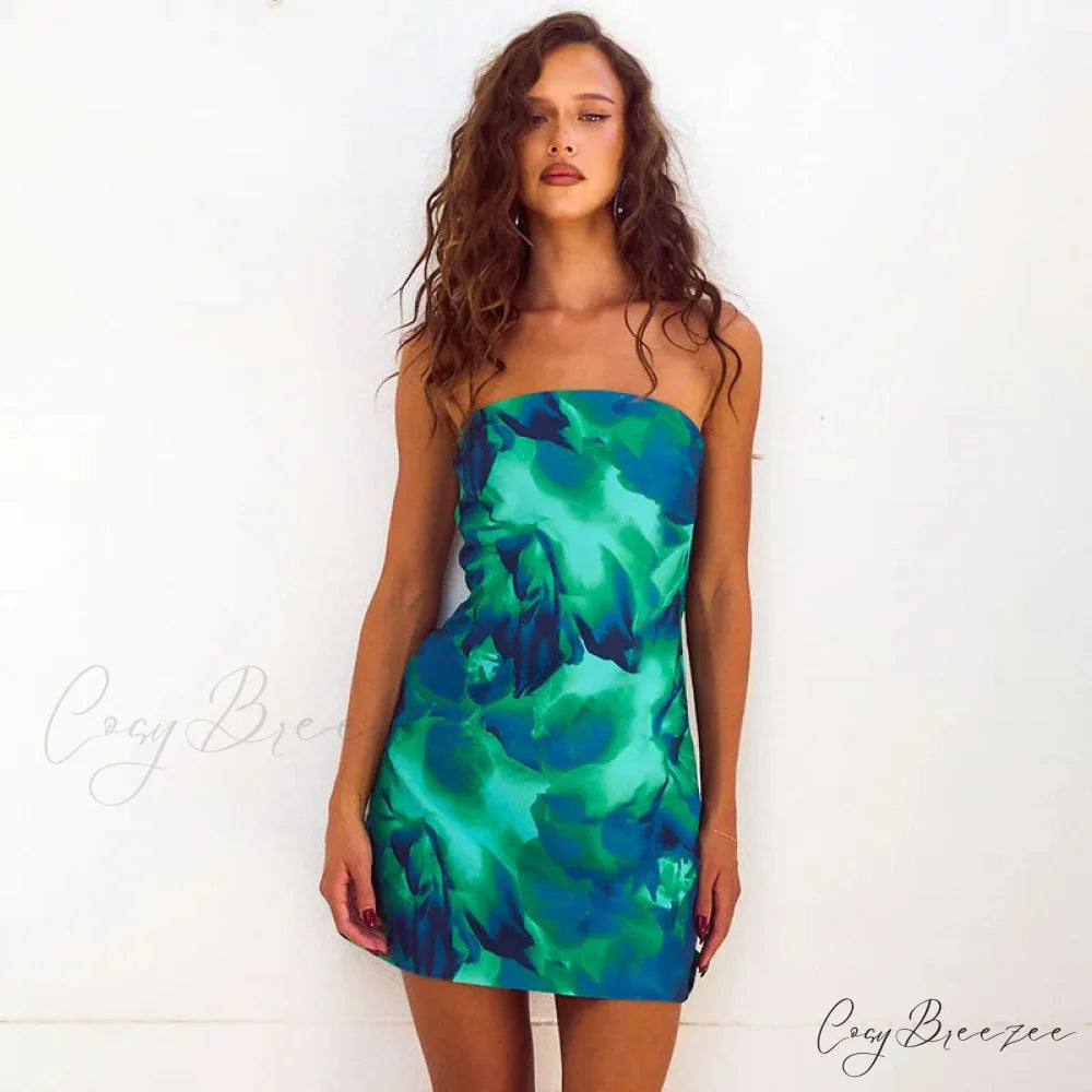 Sexy Strapless Floral Print High Waist Mini Dress Green / S floraldress-250126