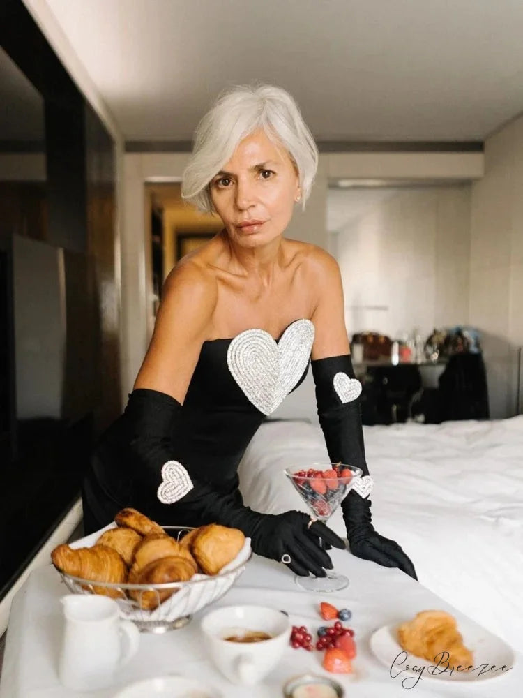 Sexy Strapless Heart Diamonds Bandage Gloves Black Backless Bodycon Christmas Party Dress