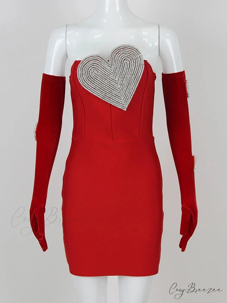 Sexy Strapless Heart Diamonds Bandage Gloves Black Backless Bodycon Christmas Party Dress Red / S