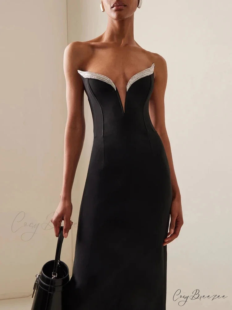 Sexy Strapless V Neck Diamonds Bandage Black Sleeveless Christmas Party Dress