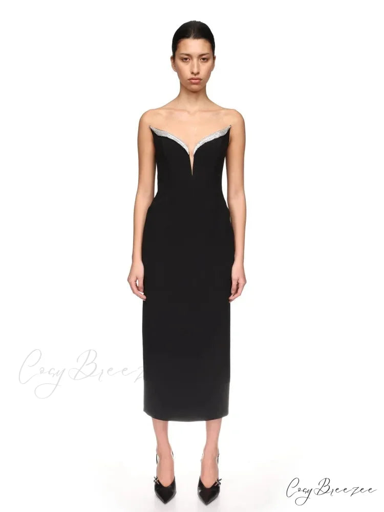 Sexy Strapless V Neck Diamonds Bandage Black Sleeveless Christmas Party Dress