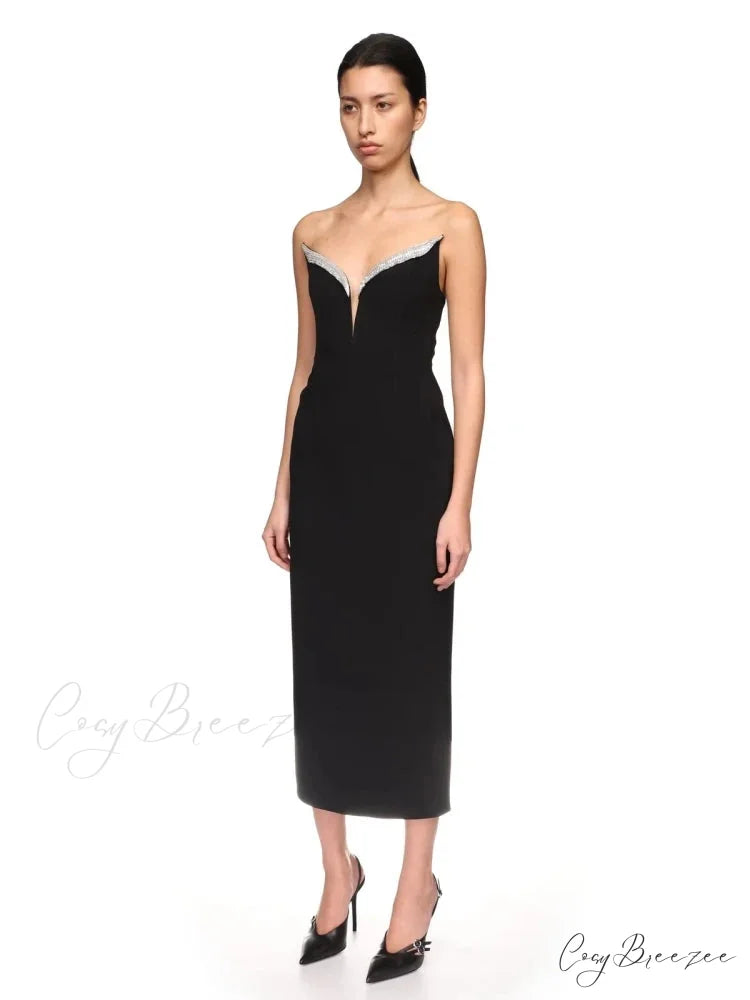 Sexy Strapless V Neck Diamonds Bandage Black Sleeveless Christmas Party Dress Black / XS