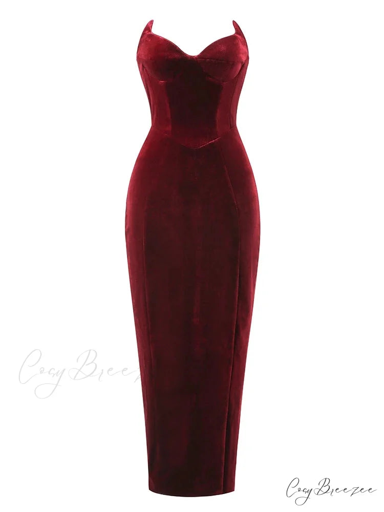 Sexy Strapless V Neck Velvet Maxi Dress Women Burgundy Black Christmas Party Dress Burgundy / S