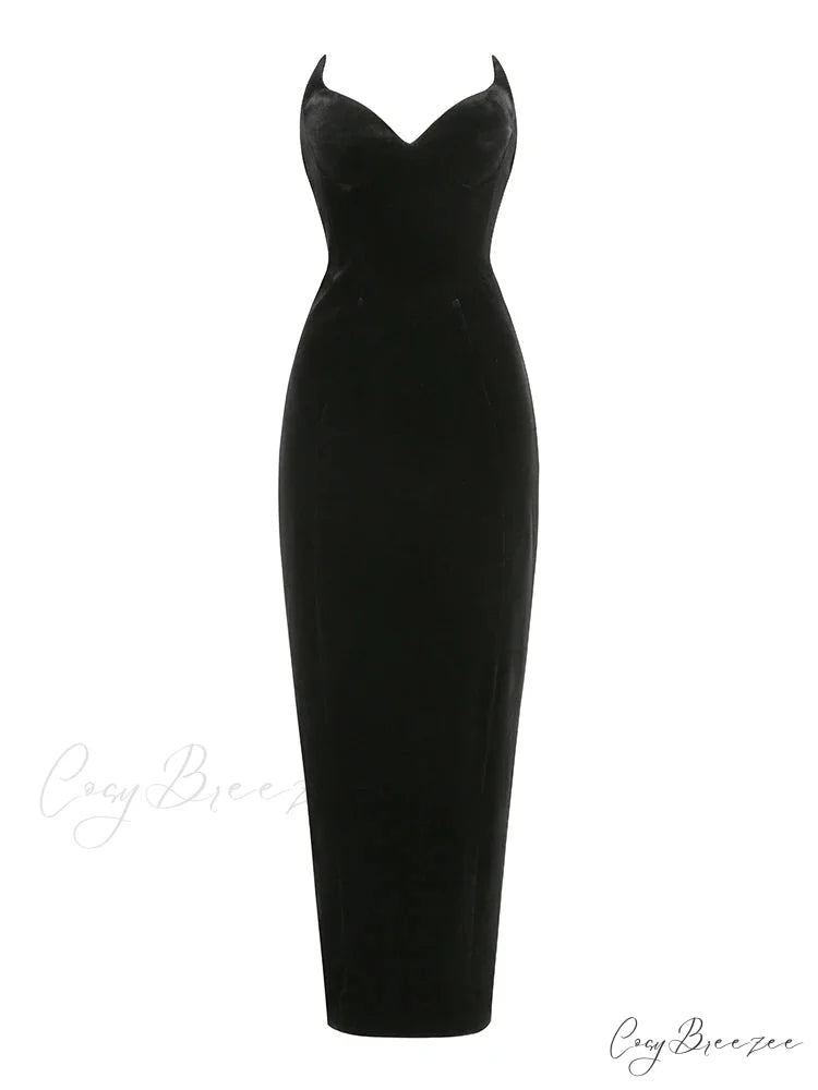 Sexy Strapless V Neck Velvet Maxi Dress Women Burgundy Black Christmas Party Dress Black / S
