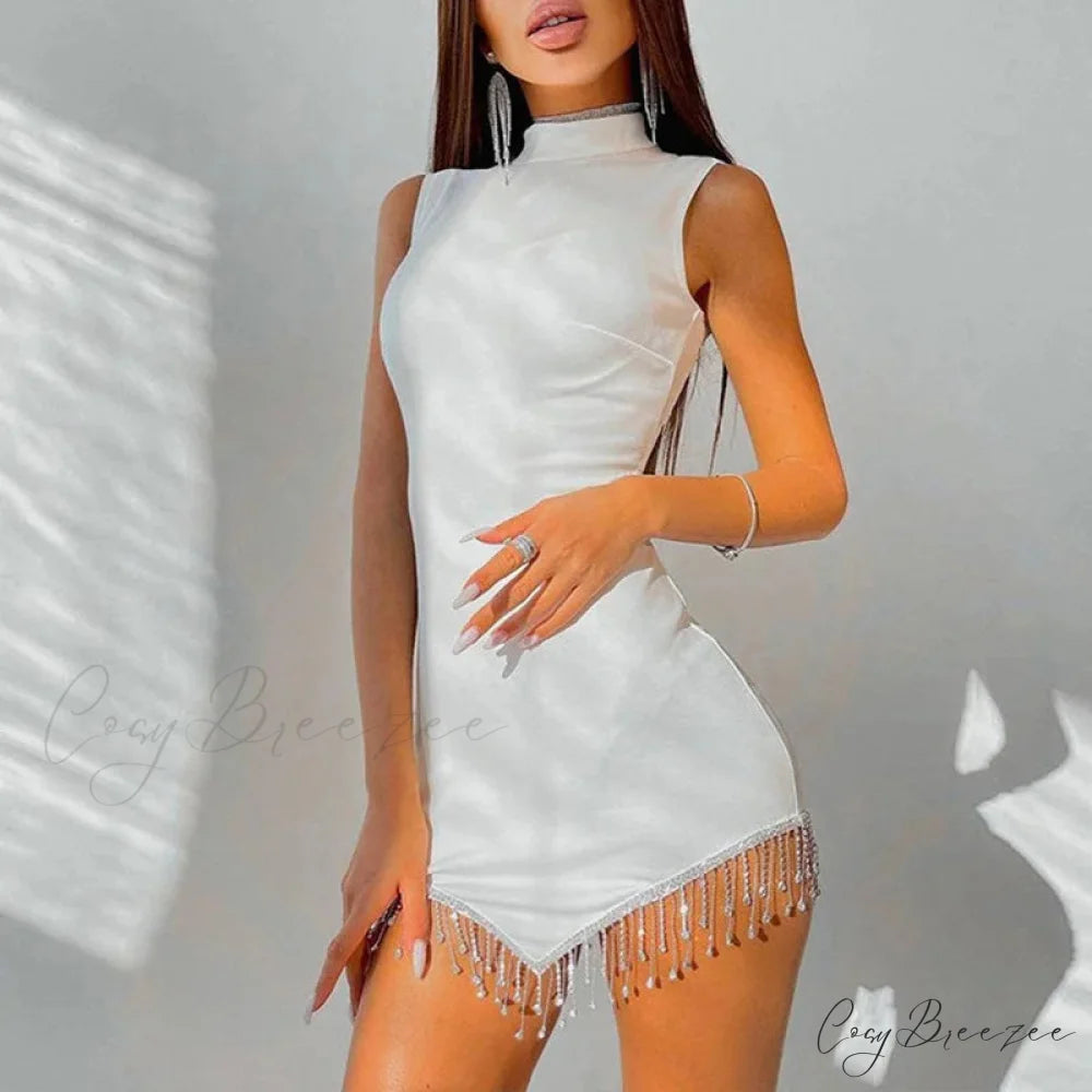 Sexy Summer Contrast Color Rhinestones Mini Dress Women Round Neck Sleeveless Christmas Party Dress