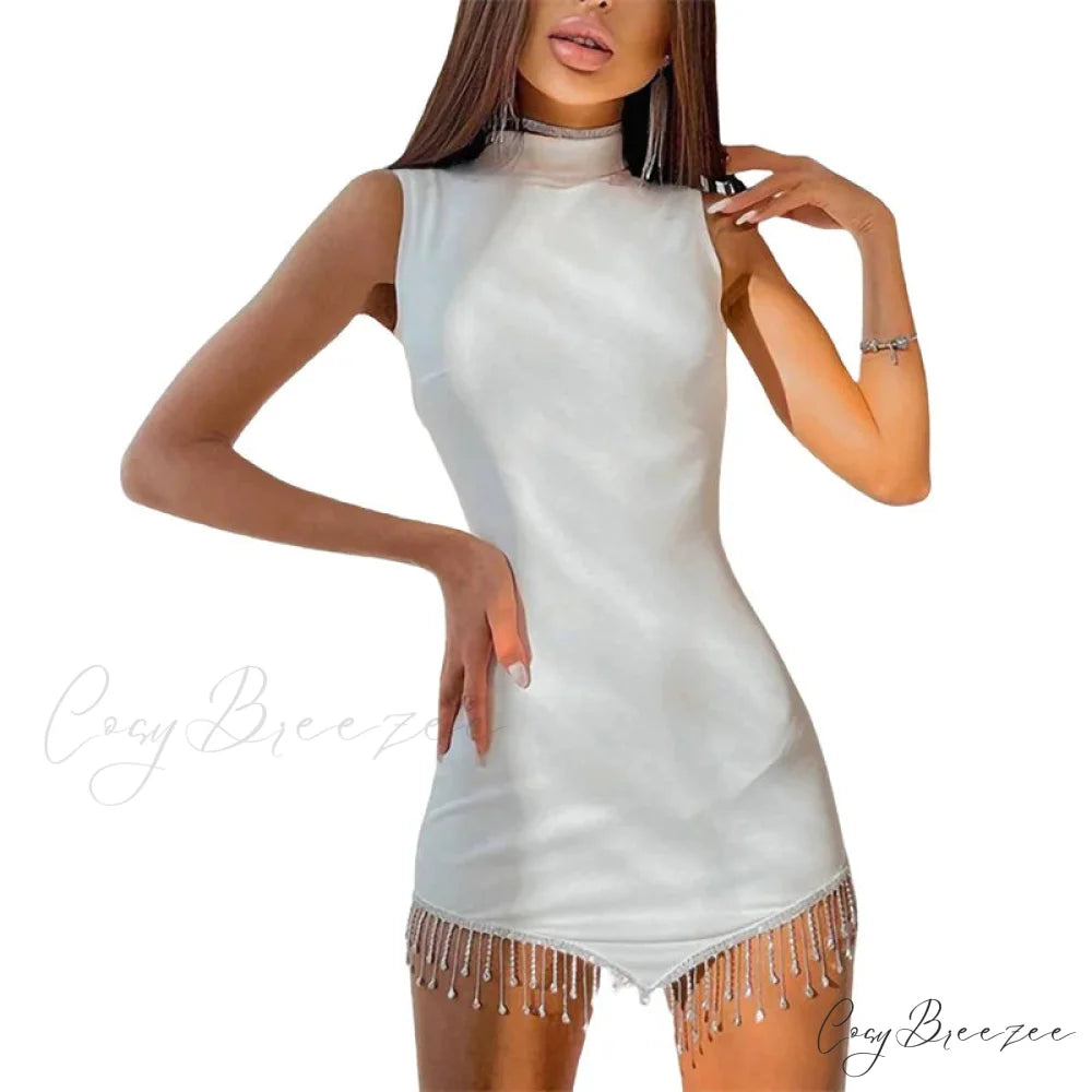 Sexy Summer Contrast Color Rhinestones Mini Dress Women Round Neck Sleeveless Christmas Party Dress WHITE / S
