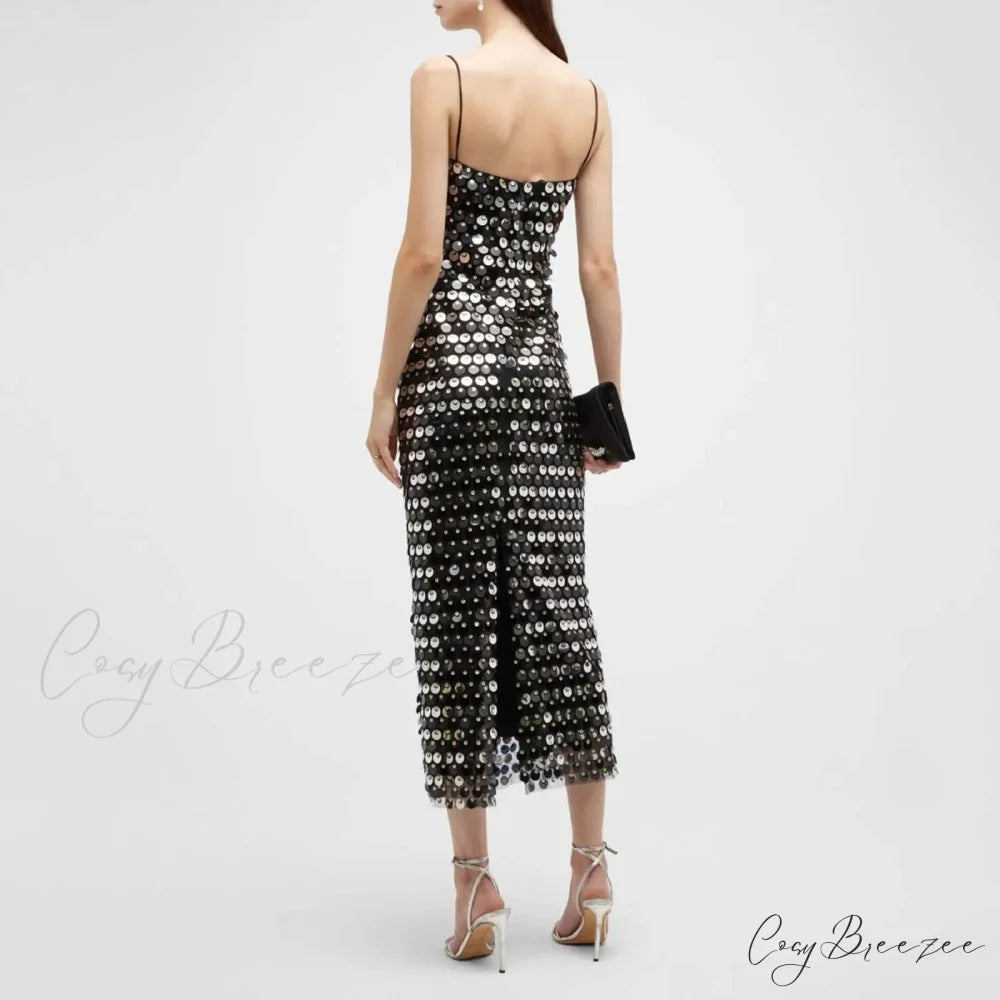Sexy Suspender Slim Sequin Sleeveless Sling Cocktail Evening Gown Chic Lady Elegant Sequins Backless Party Dress