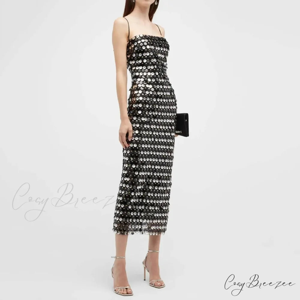 Sexy Suspender Slim Sequin Sleeveless Sling Cocktail Evening Gown Chic Lady Elegant Sequins Backless Party Dress