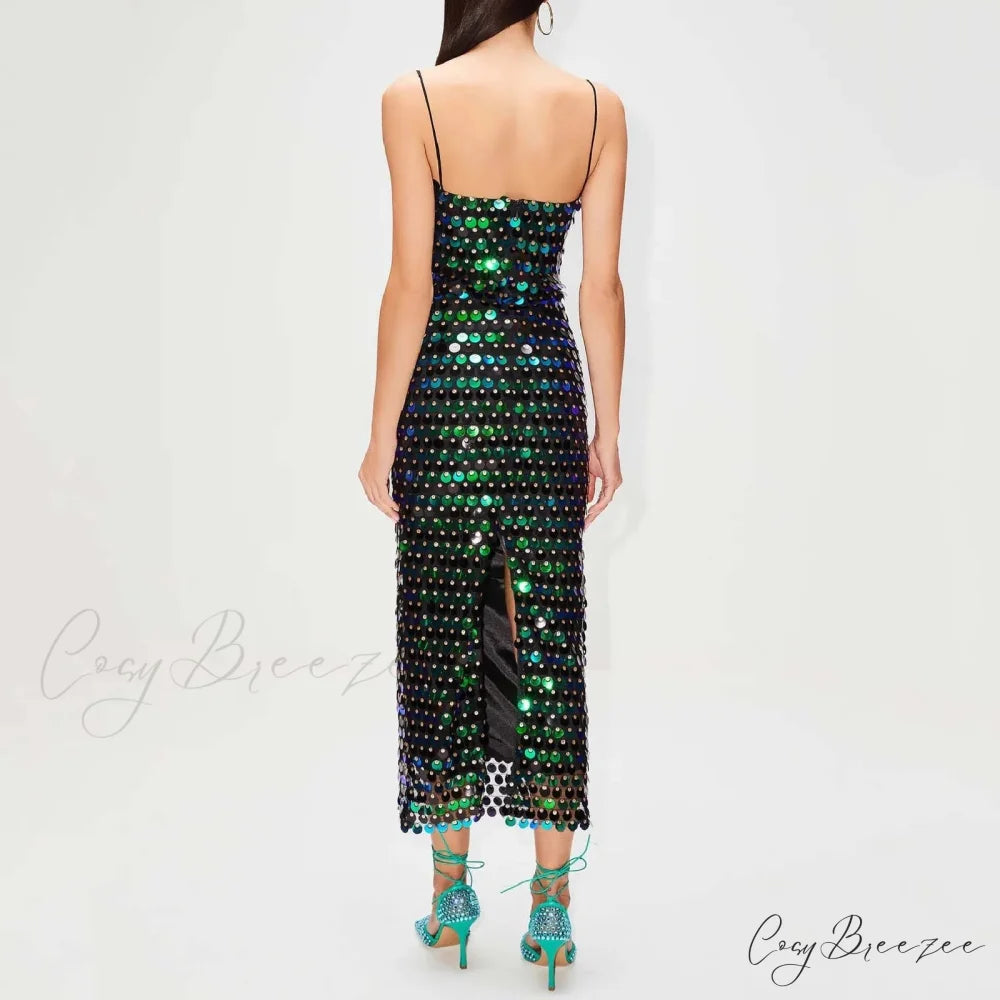 Sexy Suspender Slim Sequin Sleeveless Sling Cocktail Evening Gown Chic Lady Elegant Sequins Backless Party Dress